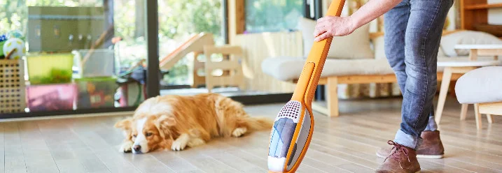 Person saugt mit einem Akkustaubsauger